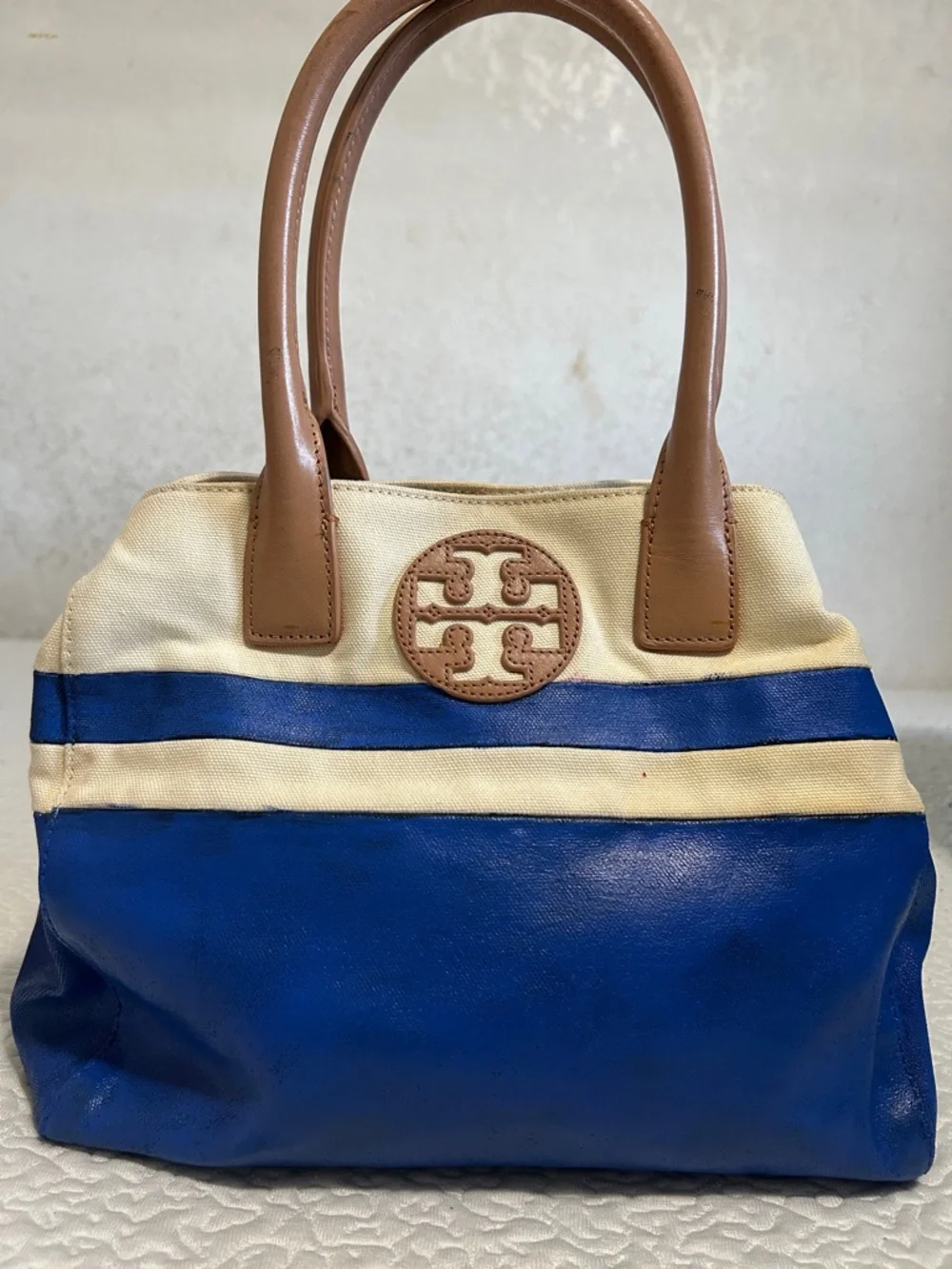 Tory Burch Blue, Cream & Tan Canvas Leather Tote - Picture 1 of 16